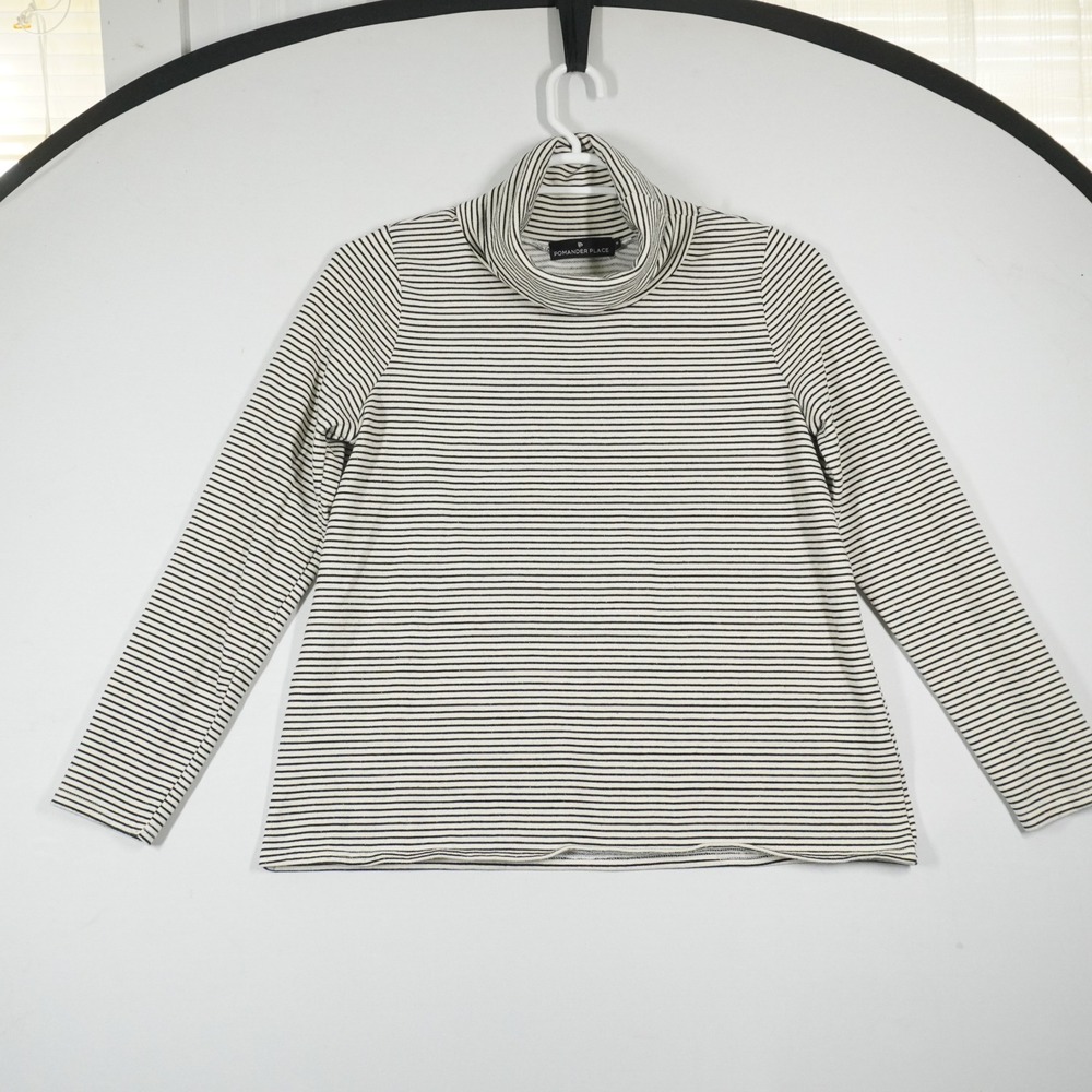 Pomander Place Turtleneck Top Womens Medium Ivory Black Striped Long Sleeve 1060